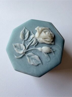 Vintage Blue Alabaster Rose Jewelry Trinket Box Octagonal Hand Carved Stone